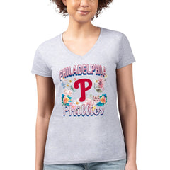 Philadelphia Phillies G-III 4Her by Carl Banks Women's Super-Slim Fit Lightweight Flowers Graphic V-Neck T-Shirt - Heather Gray T-shirts