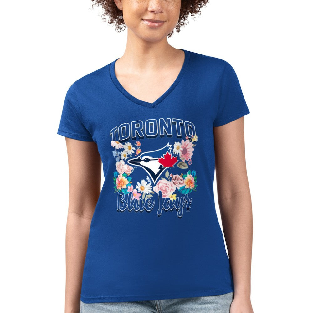 Toronto Blue Jays G-III 4Her by Carl Banks Women's Super-Slim Fit Lightweight Flowers Graphic V-Neck T-Shirt - Royal T-shirts