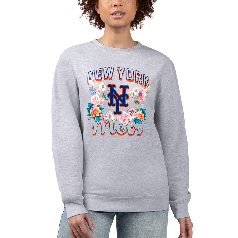 New York Mets G-III 4Her by Carl Banks Women's Flowers Graphic Pullover Sweatshirt - Heather Gray Pullover