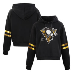 NHL Pittsburgh Penguins Cuce Women's Sequin Cropped Pullover Hoodie - Black