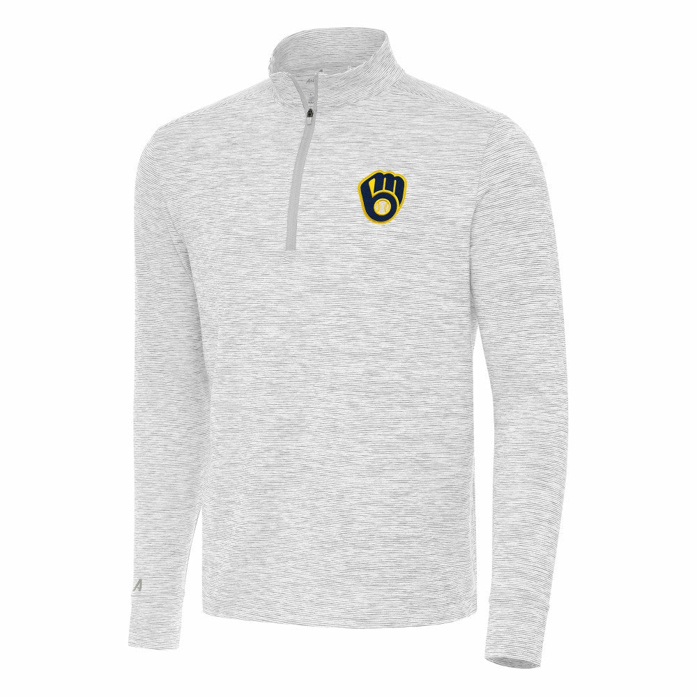 Milwaukee Brewers Antigua Cause Quarter-Zip Top - Gray/White Tops