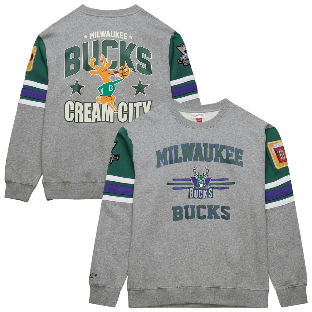 Milwaukee Bucks Hardwood Classics All Over 4.0 Pullover Sweatshirt Heather Gray