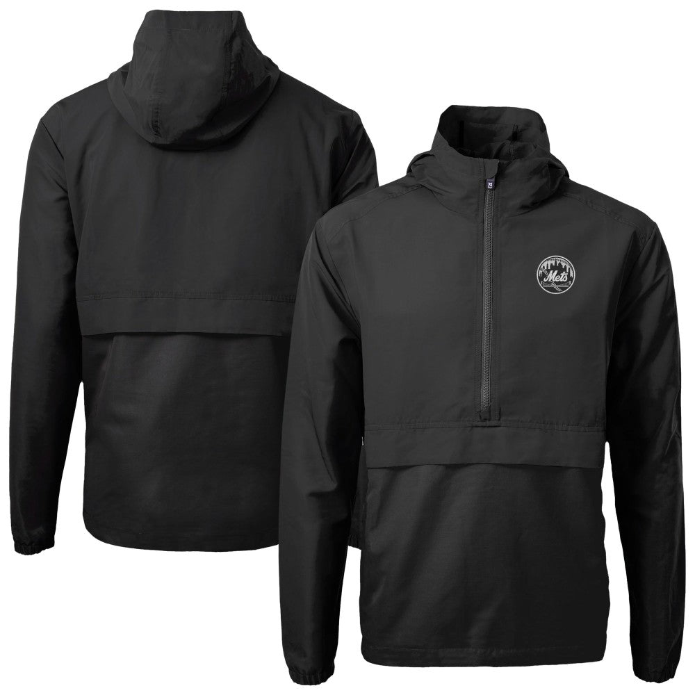 New York Mets Cutter & Buck Charter Eco Recycled Anorak Half-Zip Hoodie Jacket - Black Jackets