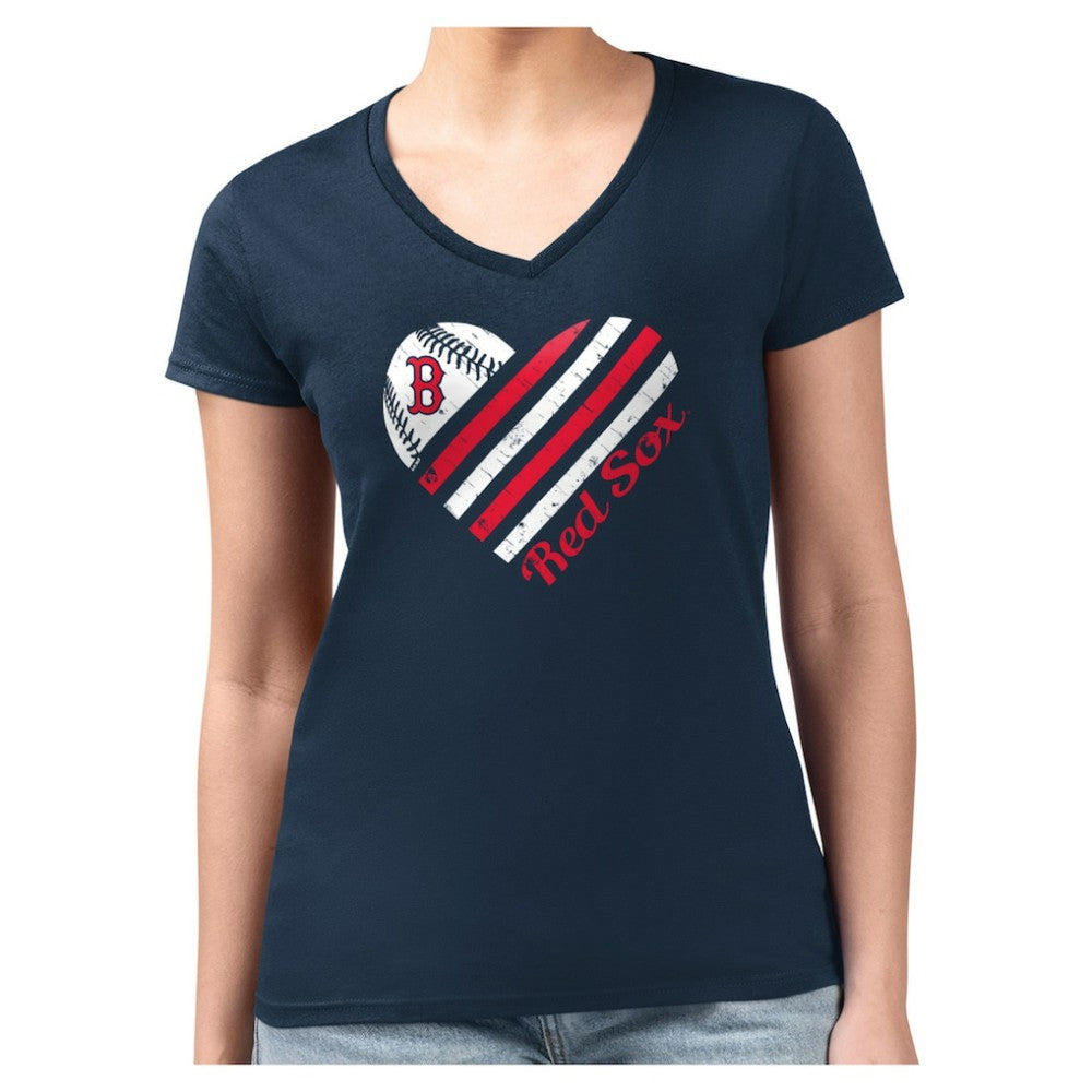 Boston Red Sox G-III 4Her by Carl Banks Women's Super-Slim Fit Lightweight Heart V-Neck T-Shirt - Navy T-shirts