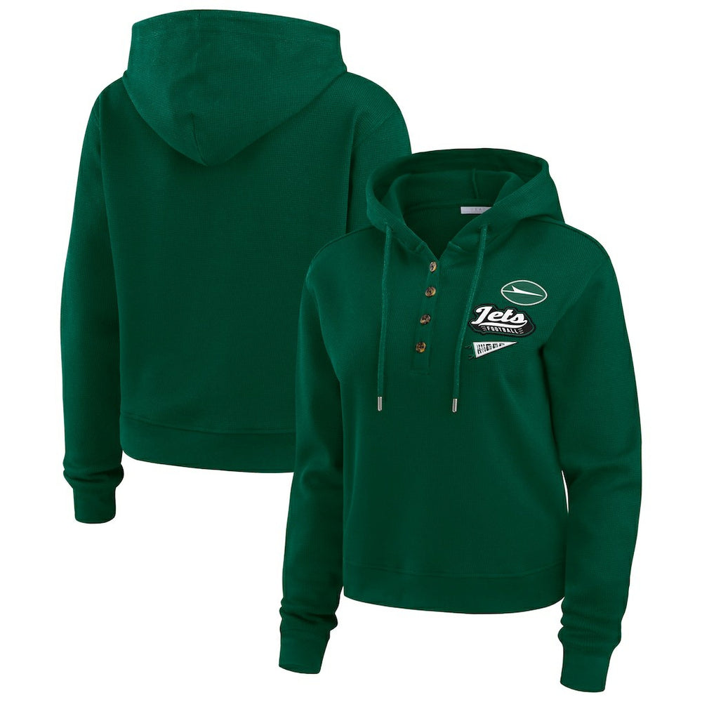 New York Jets WEAR by Erin Andrews Women's Plus Size Waffle Hoodie Pullover Top Green