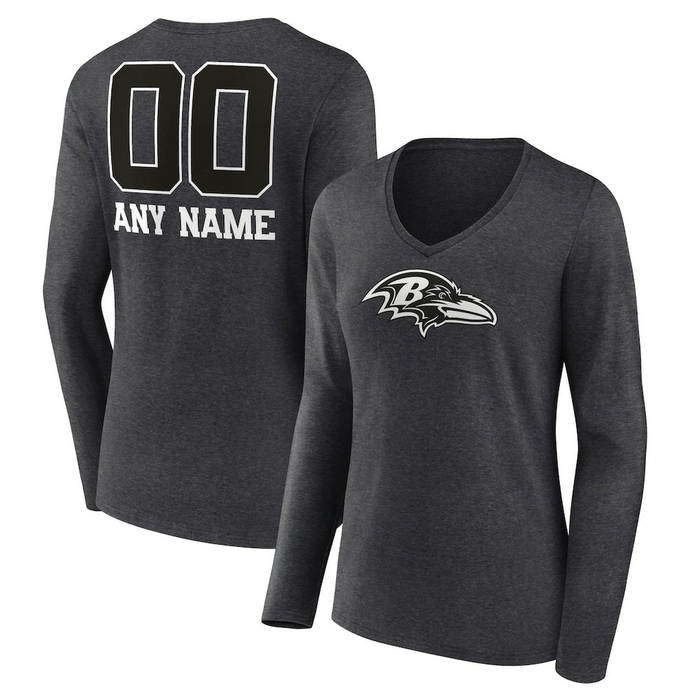 Baltimore Ravens Women's Personalized Name & Number Monochrome V-neck T-Shirt Charcoal