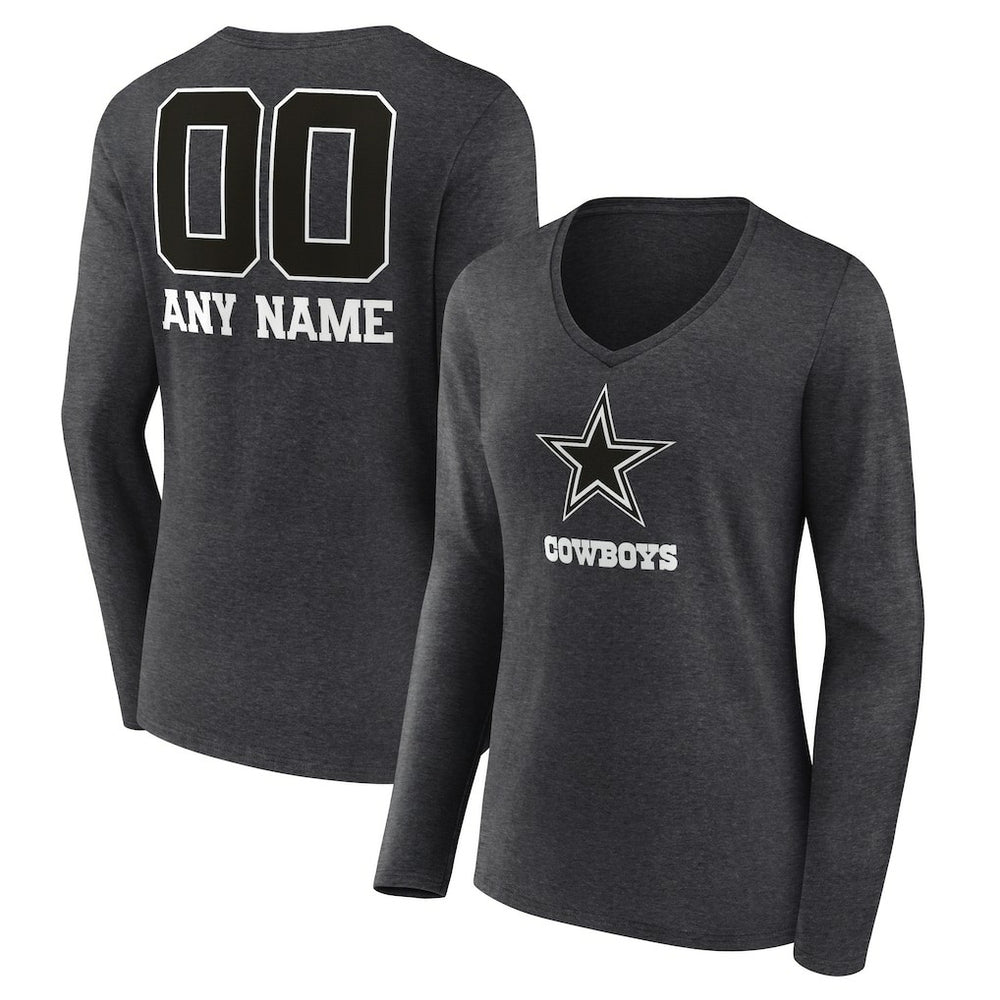Dallas Cowboys Women's Personalized Name & Number Monochrome V-neck T-Shirt Charcoal
