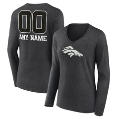 Denver Broncos Women's Personalized Name & Number Monochrome V-neck T-Shirt Charcoal