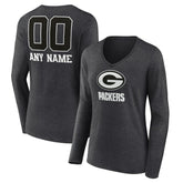 Green Bay Packers Women's Personalized Name & Number Monochrome V-neck T-Shirt Charcoal