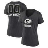 Green Bay Packers Women's Personalized Name & Number Monochrome V-Neck Long Sleeve T-Shirt Charcoal