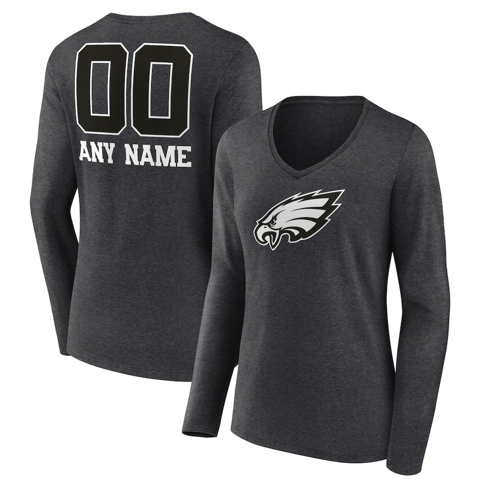 Philadelphia Eagles Women's Personalized Name & Number Monochrome V-neck T-Shirt Charcoal