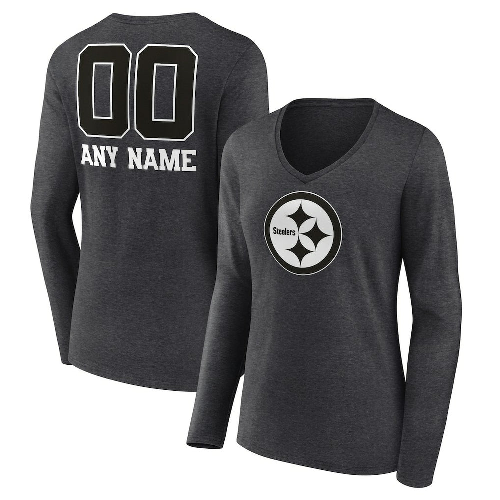 Pittsburgh Steelers Women's Personalized Name & Number Monochrome V-neck T-Shirt Charcoal