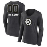 Pittsburgh Steelers Women's Personalized Name & Number Monochrome V-neck T-Shirt Charcoal