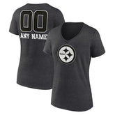 Pittsburgh Steelers Women's Personalized Name & Number Monochrome V-Neck Long Sleeve T-Shirt Charcoal
