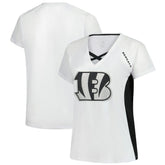 Cincinnati Bengals Women's Plus Size Glitter Lace-Up V- Neck T-Shirt White