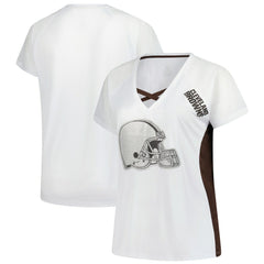 Cleveland Browns Women's Plus Size Glitter Lace-Up V- Neck T-Shirt White