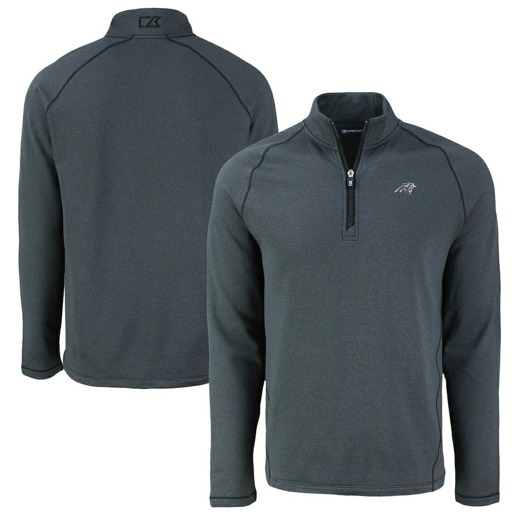 Carolina Panthers Cutter & Buck Peshastin Eco Fleece Tri-Blend Raglan Recycled Quarter-Zip Jacket Heather Black