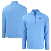 Carolina Panthers Cutter & Buck Peshastin Eco Fleece Tri-Blend Raglan Recycled Quarter-Zip Jacket Heather Blue