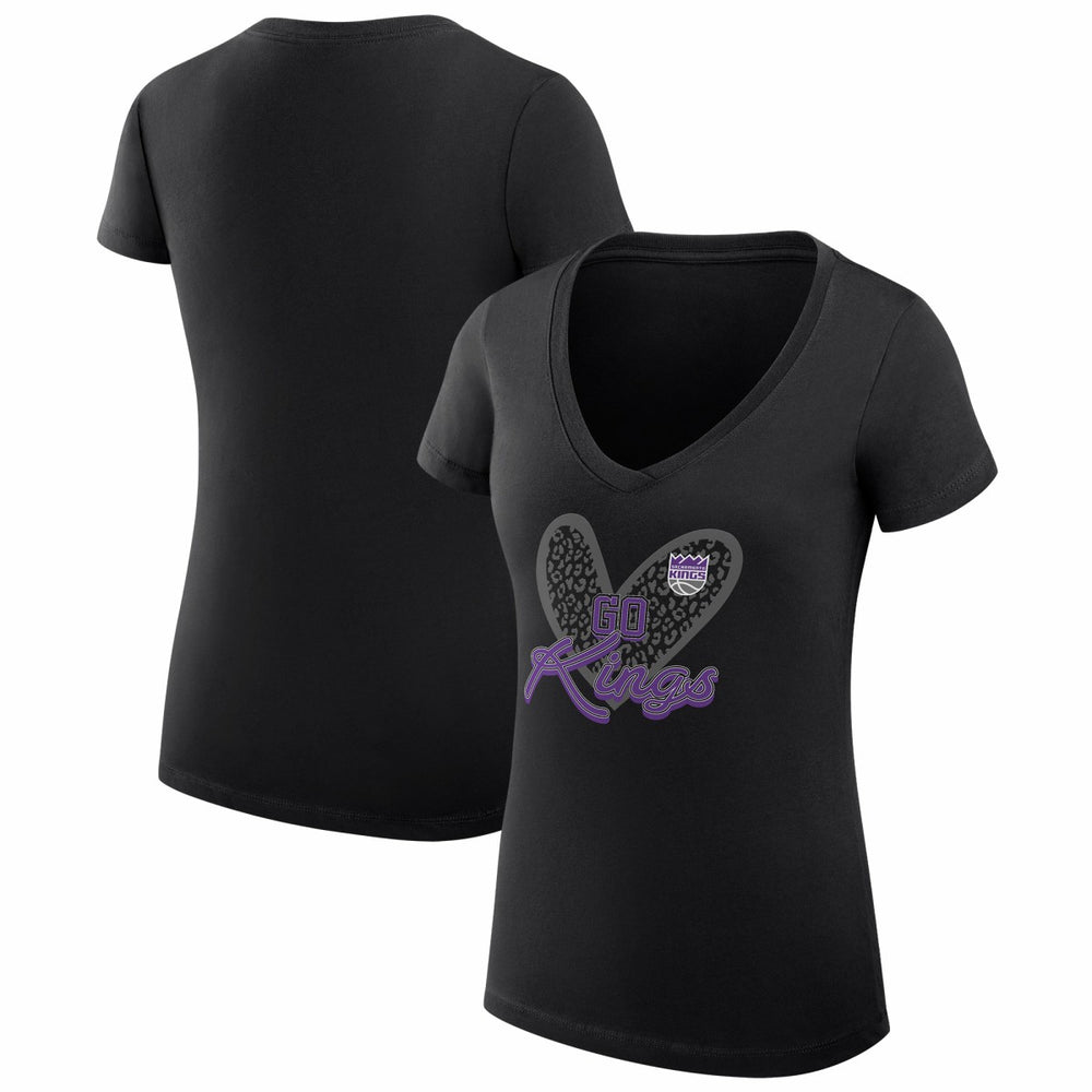 Sacramento Kings G-III 4Her by Carl Banks Women's Super-Slim Fit Lightweight Leopard Heart V-Neck T-Shirt Black