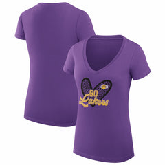 Los Angeles Lakers G-III 4Her by Carl Banks Women's Super-Slim Fit Lightweight Leopard Heart V-Neck T-Shirt Purple