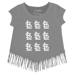 St. Louis Cardinals Tiny Turnip Girls Youth Logo Grid Fringe T-Shirt - Gray T-shirts