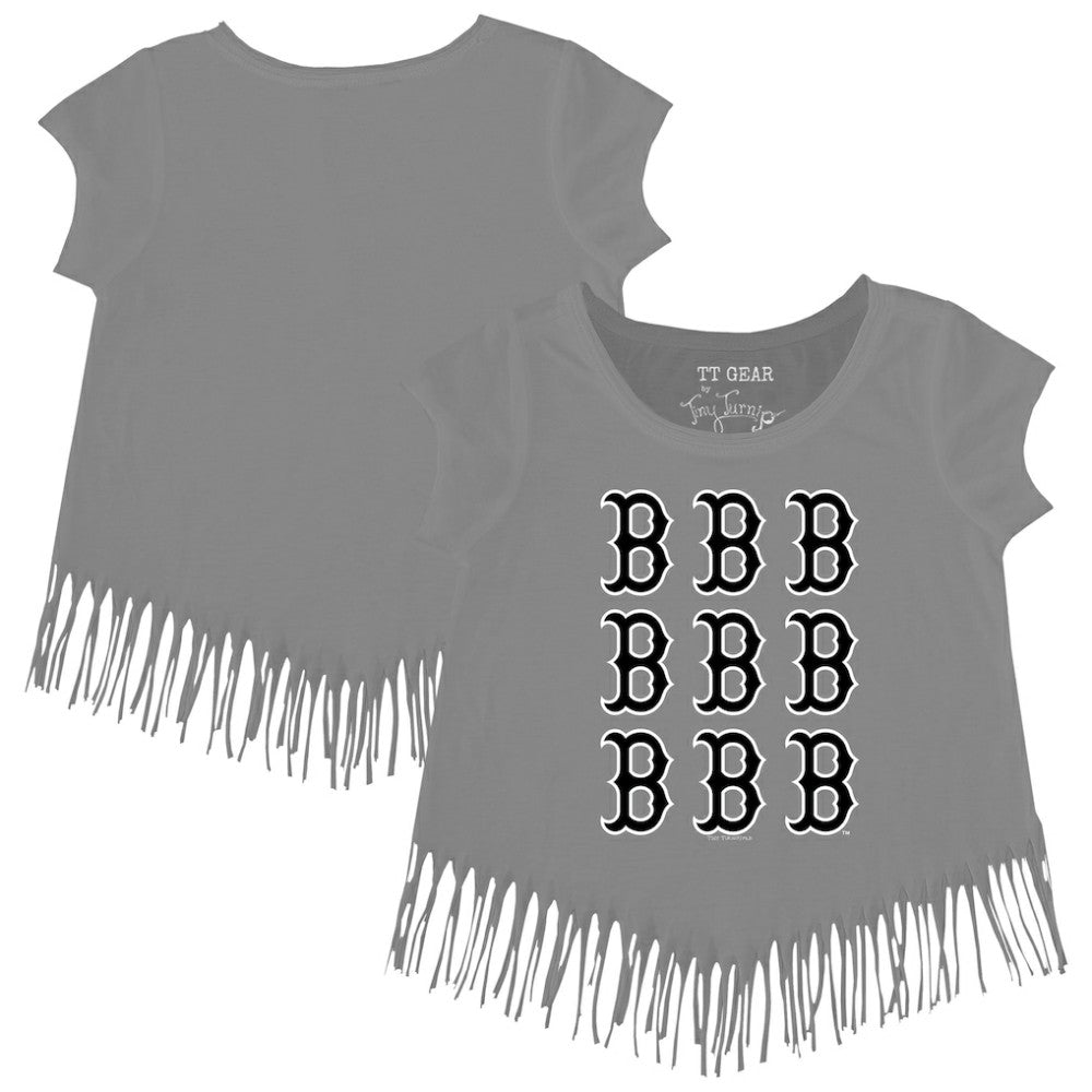 Boston Red Sox Tiny Turnip Girls Youth Logo Grid Fringe T-Shirt - Gray T-shirts