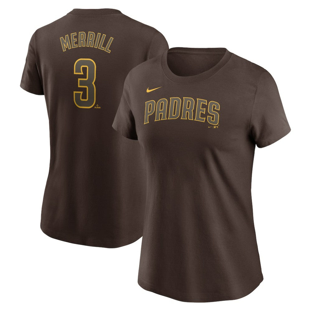 Jackson Merrill San Diego Padres Nike Women's Cooperstown Collection Fuse Name & Number T-Shirt - Brown T-shirts