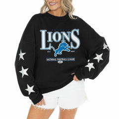Detroit Lions Gameday Couture Women's Rhinestone Star Sleeve Settle the Score Oversized Tri-Blend Pullover Black