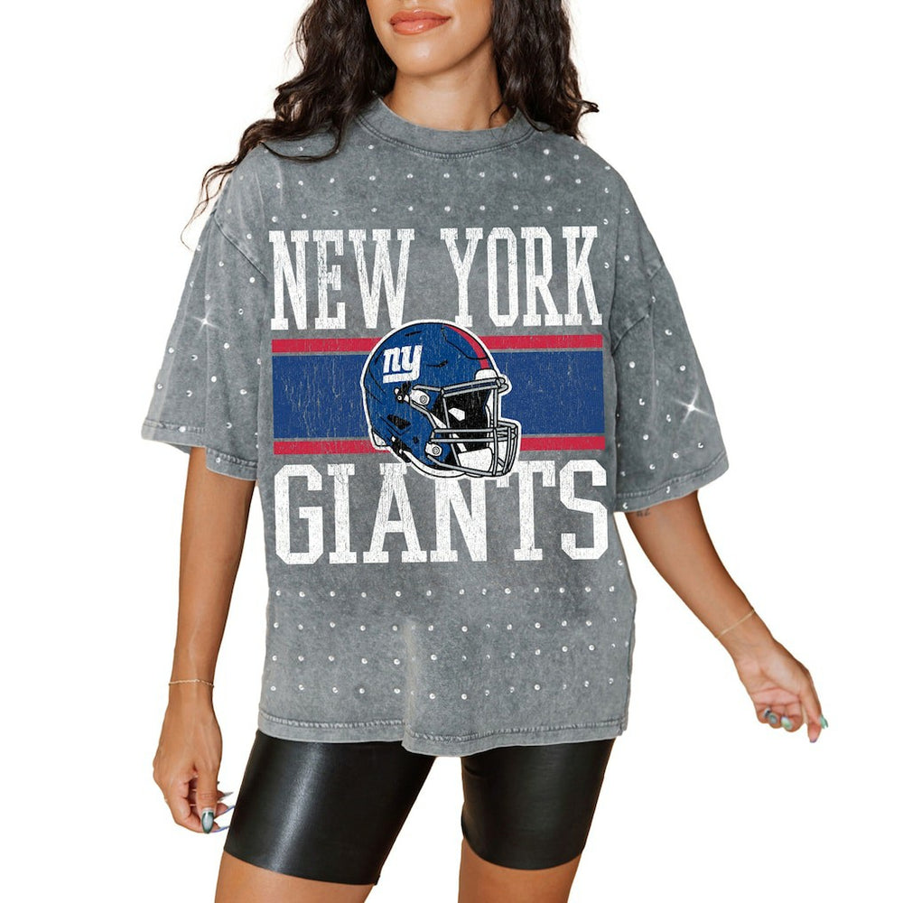 New York Giants Gameday Couture Women's Oversized Mini Rhinestone Classic T-Shirt Gray
