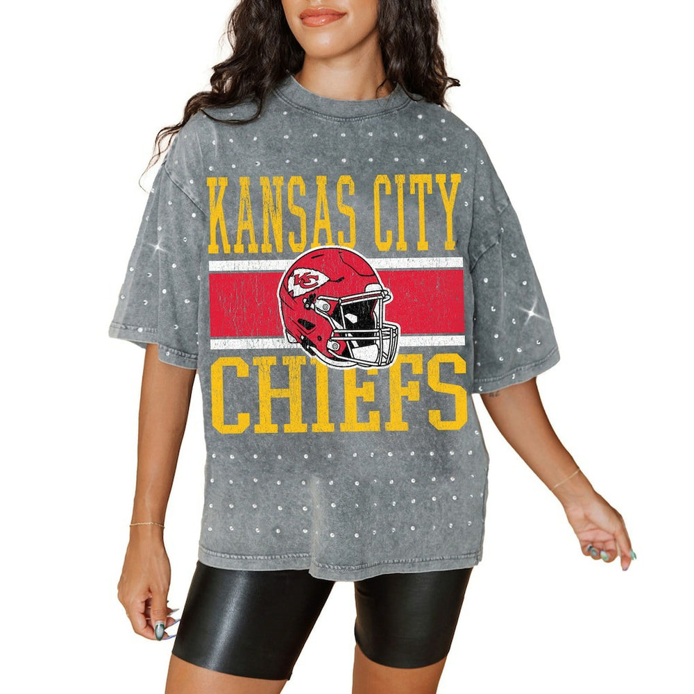 Kansas City Chiefs Gameday Couture Women's Oversized Mini Rhinestone Classic T-Shirt Gray