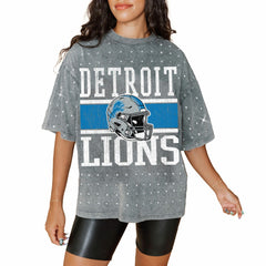 Detroit Lions Gameday Couture Women's Oversized Mini Rhinestone Classic T-Shirt Gray