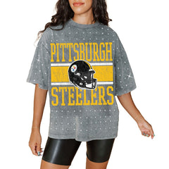 Pittsburgh Steelers Gameday Couture Women's Oversized Mini Rhinestone Classic T-Shirt Gray