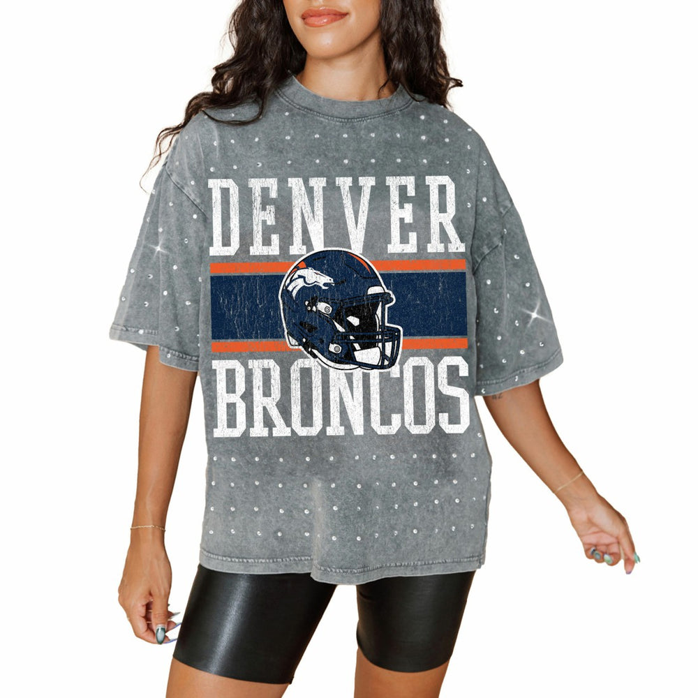 Denver Broncos Gameday Couture Women's Oversized Mini Rhinestone Classic T-Shirt Gray