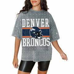 Denver Broncos Gameday Couture Women's Oversized Mini Rhinestone Classic T-Shirt Gray