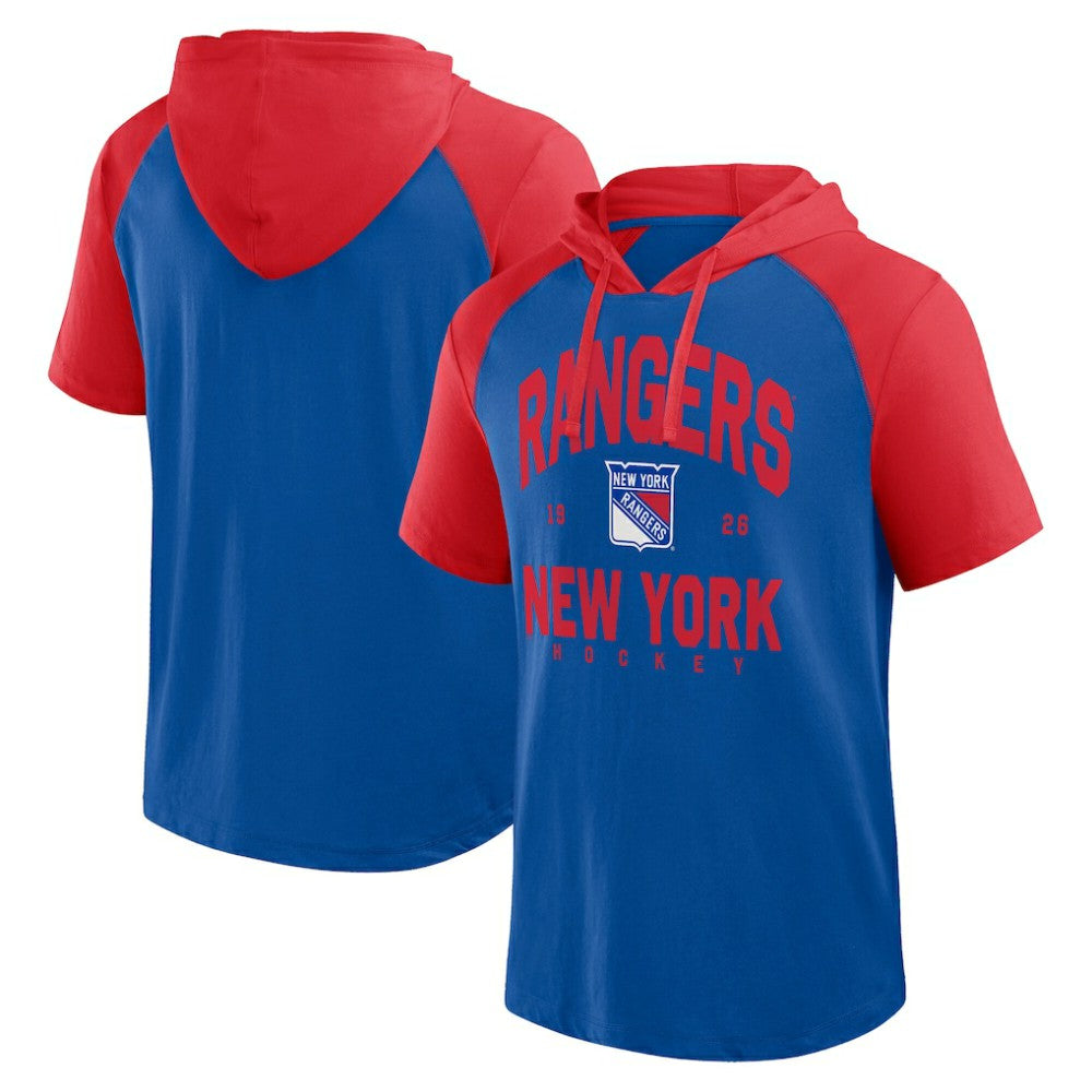 NHL New York Rangers Logo Athletic Prime Raglan Short Sleeve Pullover Hoodie - Blue