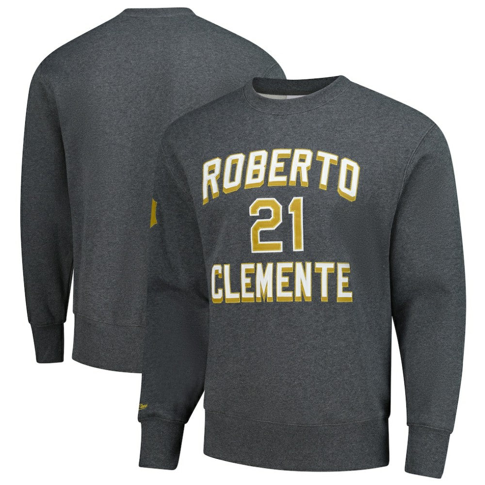 Roberto Clemente Pittsburgh Pirates Mitchell & Ness Legends Collection Vintage Logo Name & Number Fleece Pullover Sweatshirt - Heather Charcoal Pullover