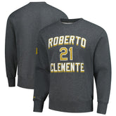 Roberto Clemente Pittsburgh Pirates Mitchell & Ness Legends Collection Vintage Logo Name & Number Fleece Pullover Sweatshirt - Heather Charcoal Pullover