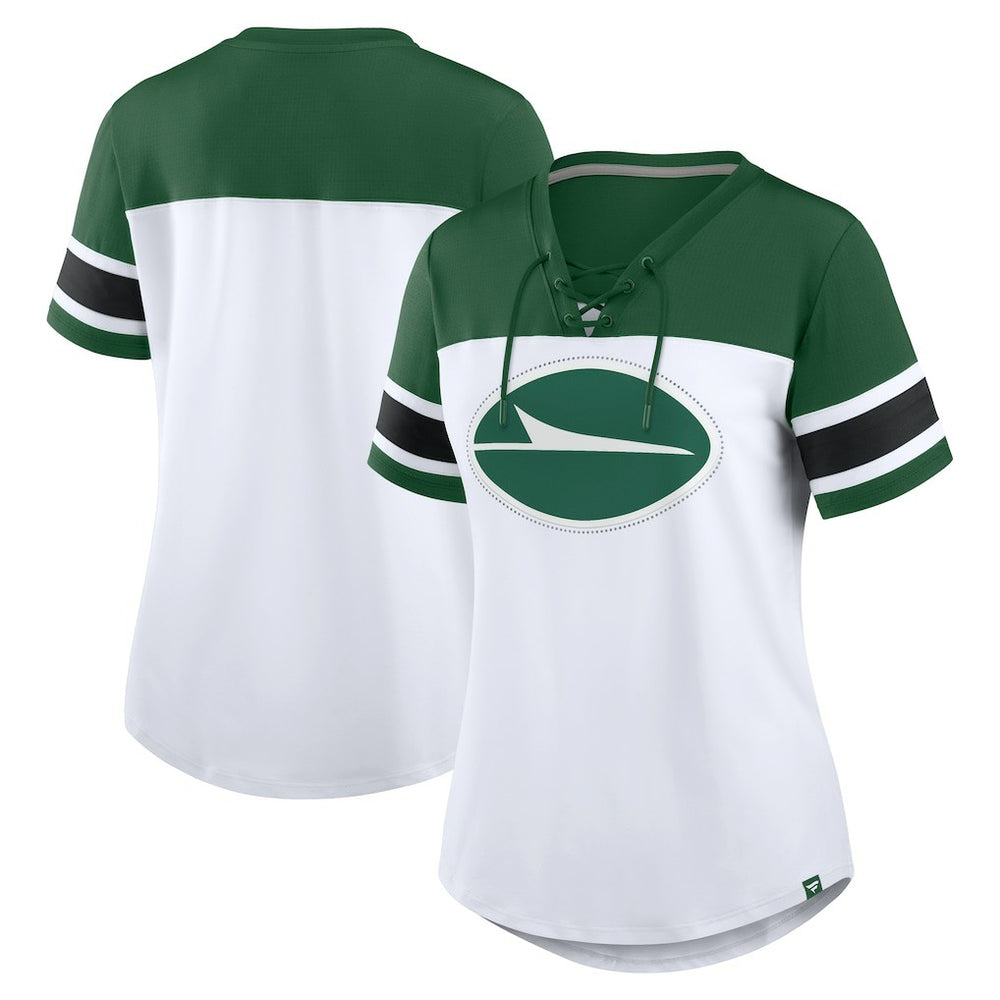 New York Jets Women's Athena Rhinestone Lace-Up V-Neck T-Shirt White/Green