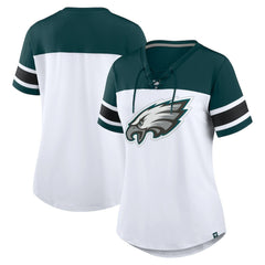 Philadelphia Eagles Women's Athena Rhinestone Lace-Up V-Neck T-Shirt White/Midnight Green