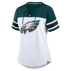 Philadelphia Eagles Women's Athena Rhinestone Lace-Up V-Neck T-Shirt White/Midnight Green
