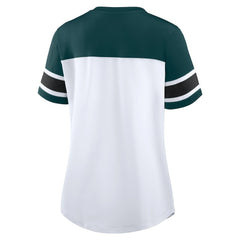 Philadelphia Eagles Women's Athena Rhinestone Lace-Up V-Neck T-Shirt White/Midnight Green