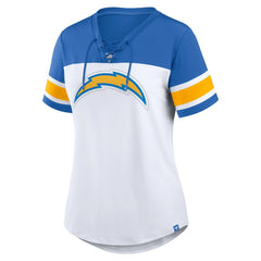 Los Angeles Chargers Women's Athena Rhinestone Lace-Up V-Neck T-Shirt White/Powder Blue