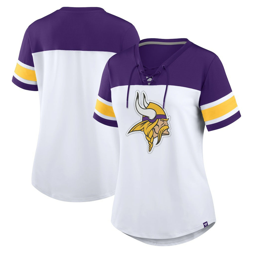 Minnesota Vikings Women's Athena Rhinestone Lace-Up V-Neck T-Shirt White/Purple