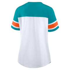 Miami Dolphins Women's Athena Rhinestone Lace-Up V-Neck T-Shirt White/Aqua