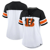 Cincinnati Bengals Women's Athena Rhinestone Lace-Up V-Neck T-Shirt White/Black