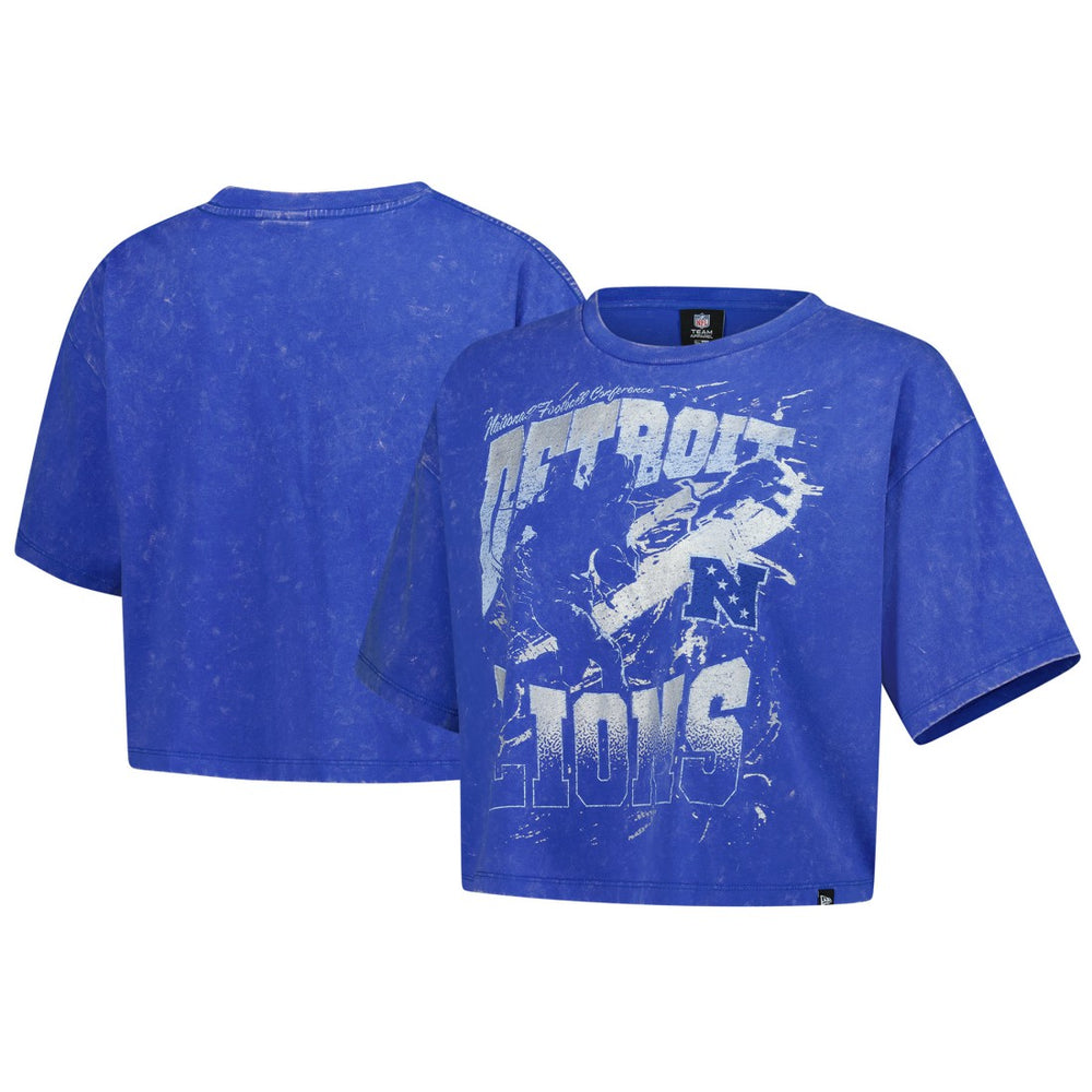 Detroit Lions New Era Women's Cropped Boxy Sport Classics Mineral Wash T-Shirt Blue