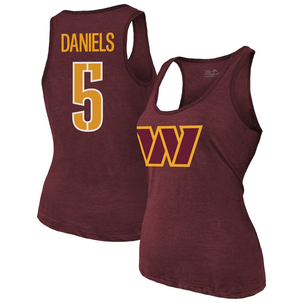 Jayden Daniels Washington Commanders Majestic Threads Women's Name & Number Tri-Blend Scoop Neck Tank Top Burgundy
