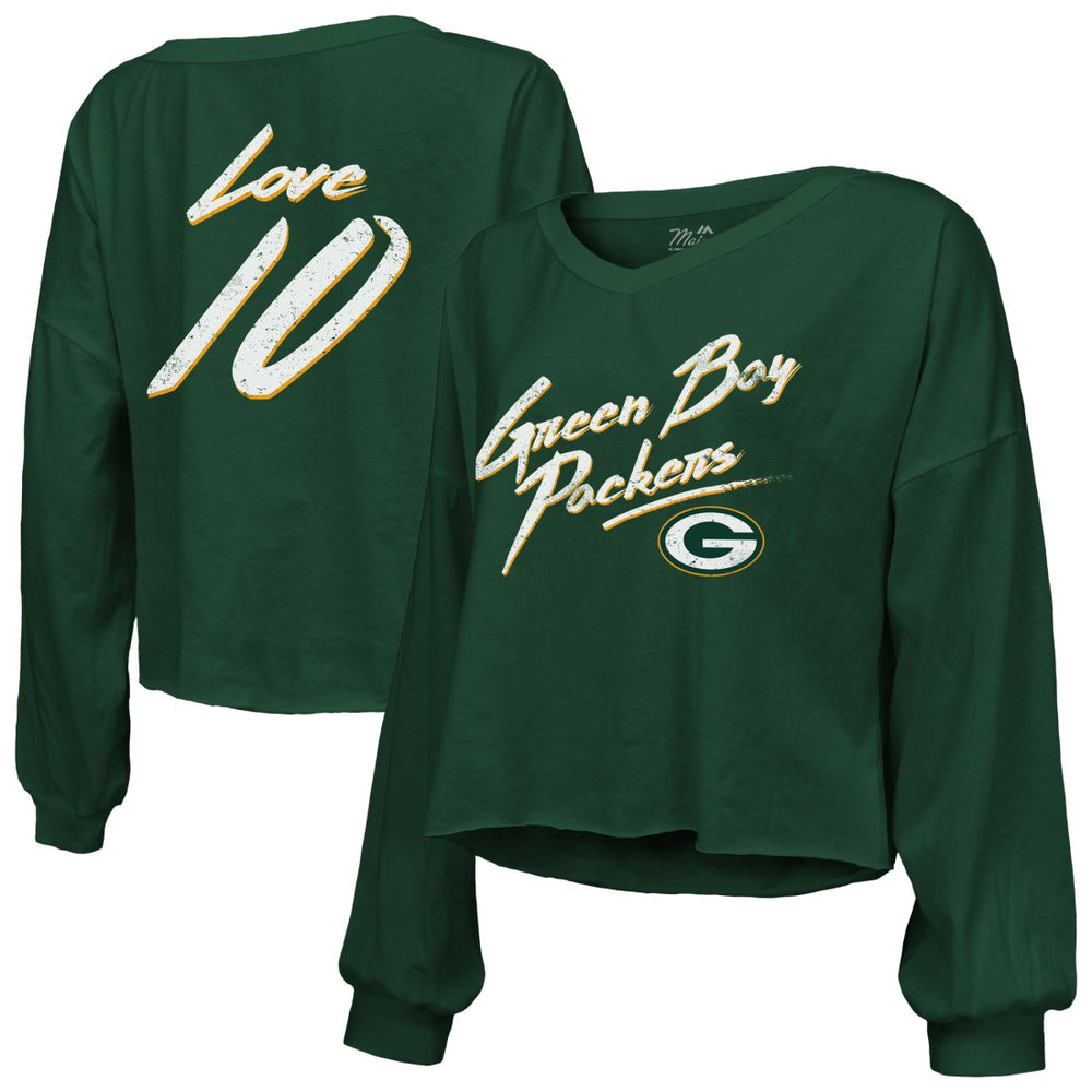 Jordan Love Green Bay Packers Majestic Threads Women's Name & Number Off-Shoulder Script Cropped Long Sleeve Relaxed V-Neck T-Shirt Green