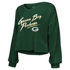 Jordan Love Green Bay Packers Majestic Threads Women's Name & Number Off-Shoulder Script Cropped Long Sleeve Relaxed V-Neck T-Shirt Green