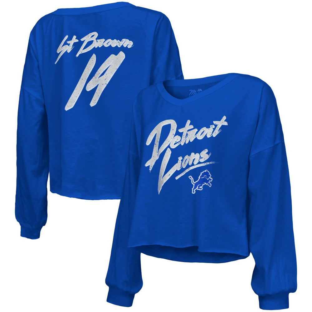 Amon-Ra St. Brown Detroit Lions Majestic Threads Women's Name & Number Off-Shoulder Script Cropped Long Sleeve Relaxed V-Neck T-Shirt Blue